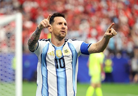 Lionel Messi #10 of Argentina celebrates after scoring his team's first goal during the FIFA World Cup 2026 Group J match between Argentina and Austria at Dallas Stadium on June 22, 2026 in Arlington, Texas.