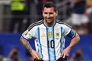 Argentina's Lionel Messi reacts after missing a penalty kick during the match between Argentina and Austria.