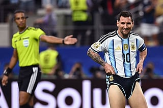 Argentina's forward #10 Lionel Messi reacts after missing a penalty kick during the 2026 World Cup Group J football match between Argentina and Austria at the Dallas Stadium in Arlington on June 22, 2026.