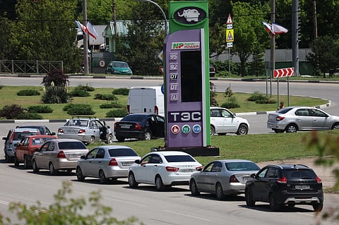 Cars line up at a petrol station in Simferopol, Crimea, last week. 