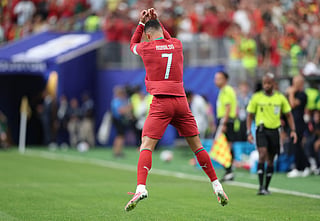 Cristiano Ronaldo #7 of Portugal celebrates scoring his team's first goal during the FIFA World Cup 2026 Group K match between Portugal and Uzbekistan at Houston Stadium on June 23, 2026 in Houston, Texas.