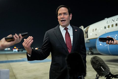 US Secretary of State Marco Rubio speaks to the media upon arrival at Al-Bateen Executive Airport in Abu Dhabi on June 23, 2026, on the first stop of a tour of Gulf states aimed at showing solidarity with key allies hit hard by the Middle East war.
