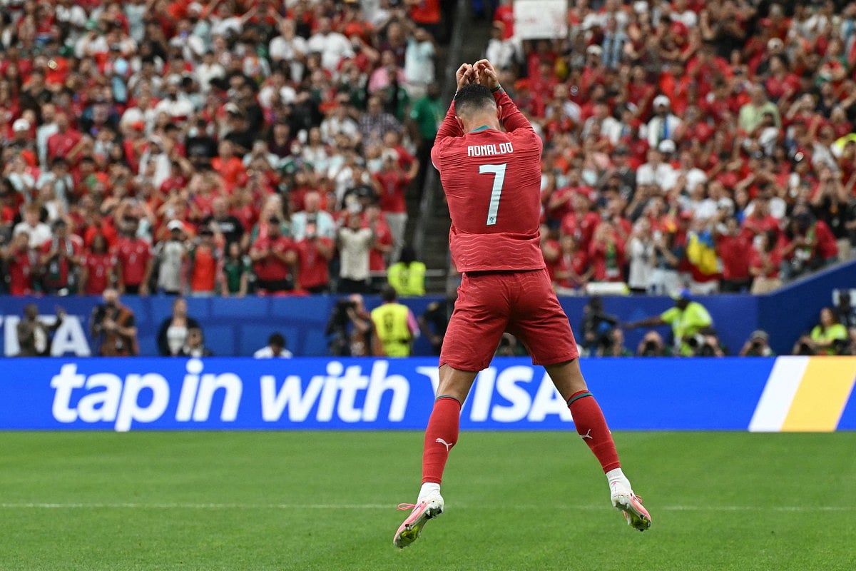 Portugal's forward #07 Cristiano Ronaldo celebrates after scoring the opening goal during the 2026 World Cup Group K football match between Portugal and Uzbekistan at the Houston Stadium in Houston on June 23, 2026.