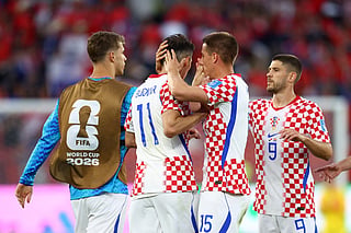 Croatia's midfielder Mario Pasalic and Croatia's forward #09 Andrej Kramaric celebrate after winning Croatia's forward #11 Ante Budimir the 2026 World Cup Group L football match between Panama and Croatia at the Toronto Stadium in Toronto on June 23, 2026.