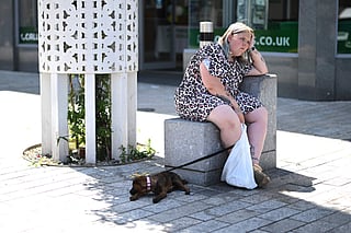 A shopper rests with her puppy in the shade in the town centre in Huddersfield in Northern England on June 23, 2026, as temperatures increase to heatwave levels and are set to rise further in the week ahead.  