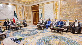This hand out photo provided by the Kuwait's news agency KUNA on June 24, 2026 shows the Amir of Kuwait Sheikh Meshal al-Ahmad al-Jaber al-Sabah (Top 3rd-L) receiving the US Secretary of State Marco Rubio (Top L) at the Bayan Palace in Kuwait City.