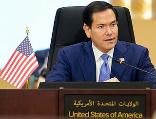 US Secretary of State Marco Rubio speaks during a meeting with foreign ministers of the Gulf Cooperation Council Member States during his visit to the Middle East to discuss the interim deal between the US and Iran with Arab Gulf allies, in Manama.