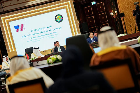 US Secretary of State Marco Rubio (R) speaks during a meeting with foreign ministers of the Gulf Cooperation Council Member States during his visit to the Middle East.