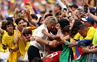 Sebastian Beccacece, Head Coach of Ecuador, celebrates with fans and family members after the 2-1 win during the FIFA World Cup 2026 Group E match between Ecuador and Germany at New York New Jersey Stadium on June 25, 2026 in East Rutherford, New Jersey.