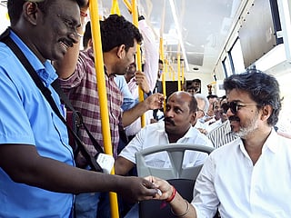 Tamil Nadu Chief Minister Vijay travels in a bus as he inaugurates the service of 300 new buses belonging to the Tamil Nadu State Transport Corporations at the Secretariat in Chennai on Thursday. 