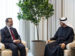 Sheikh Mohamed with Asaad Al Shaibani, Minister of Foreign Affairs and Expatriates of Syria.