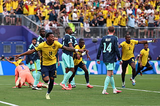 Gonzalo Plata #19 of Ecuador celebrates scoring his team's second goal during the FIFA World Cup 2026 Group E match between Ecuador and Germany at New York New Jersey Stadium on June 25, 2026 in East Rutherford, New Jersey.