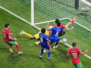 Morocco's Achraf Hakimi (2), center top, scores a goal during the World Cup Group C soccer match against Haiti in Atlanta, Wednesday, June 24, 2026. 