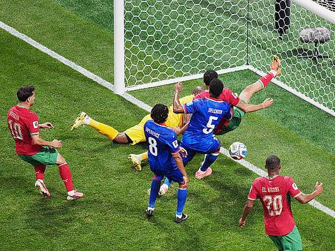 Morocco's Achraf Hakimi (2), center top, scores a goal during the World Cup Group C soccer match against Haiti in Atlanta, Wednesday, June 24, 2026. 