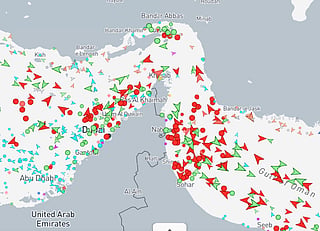 This screengrab taken from a screen recording of the MarineTraffic website on June 26, 2026 (2.12am GST), shows data visualisation of maritime traffic in the Gulf, Strait of Hormuz and Gulf of Oman.