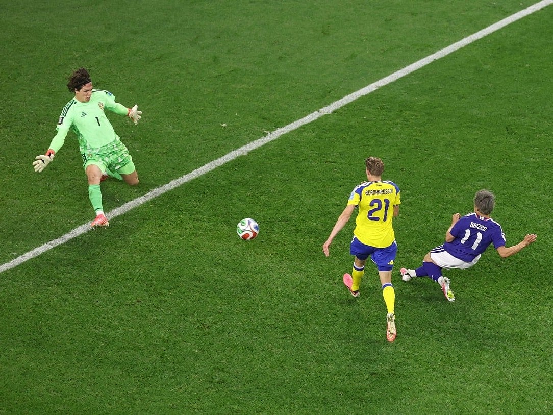 Daizen Maeda #11 of Japan scores his team's first goal during the FIFA World Cup 2026 Group F match against Sweden at Dallas Stadium on June 25, 2026 in Arlington, Texas.