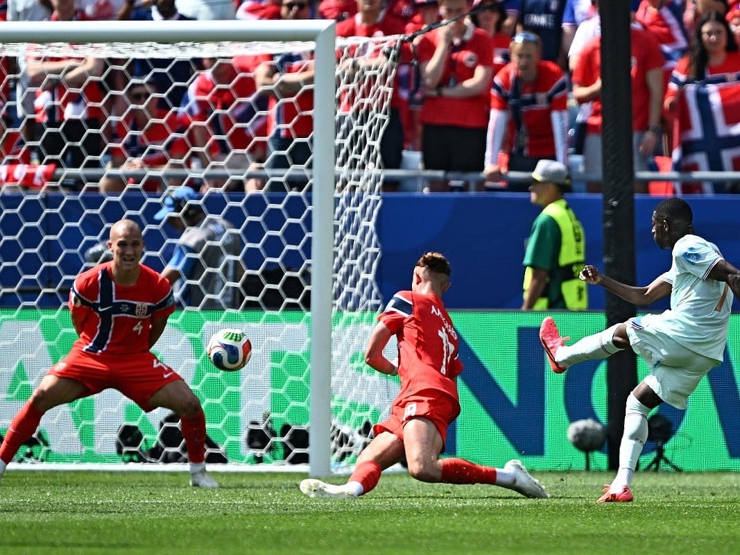 France's forward Ousmane Dembele scores his team's third goal during the 2026 World Cup Group I football match against Norway at the Boston Stadium in Foxborough on June 26, 2026.