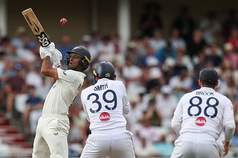 New Zealand's Rachin Ravindra (L) plays a shot on the third day of the third Test cricket match between England and New Zealand at Trent Bridge in Nottingham on June 27, 2026.