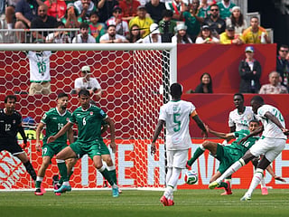 Senegal's midfielder #26 Pape Gueye scores his team's fouth goal during the 2026 World Cup Group I football match against Iraq at the Toronto Stadium in Toronto on June 26, 2026.