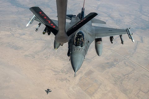 F-16 fighter jets fly over the Middle East during a patrol. US forces remain present and vigilant throughout the region.