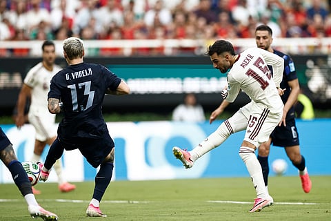 Spain's midfielder #15 Alex Baena scores a goal during the 2026 World Cup Group H football match against Uruguay  at the Guadalajara Stadium in Zapopan on June 26, 2026.