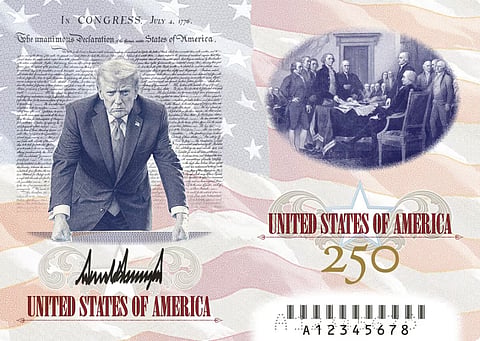 The image features a glowering Trump leaning on his desk and his signature.