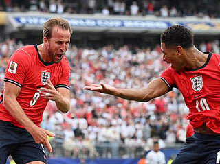 England's forward #09 Harry Kane celebrates scoring his team's second goal with England's midfielder #10 Jude Bellingham during the 2026 World Cup Group L football match against Panama  at the New York/New Jersey Stadium in East Rutherford on June 27, 2026.