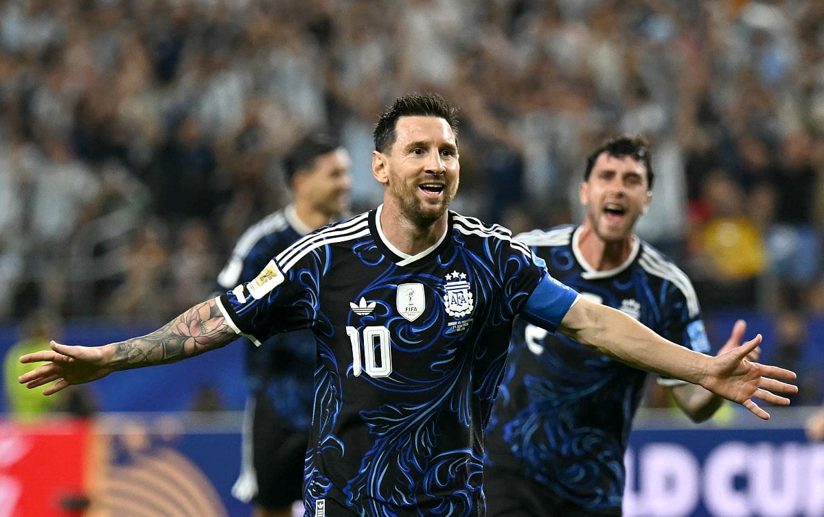 Argentina's forward #10 Lionel Messi celebrates scoring his team's third goal during the 2026 World Cup Group J football match between Jordan and Argentina at the Dallas Stadium in Arlington on June 27, 2026.