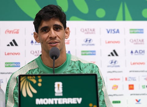 Morocco's goalkeeper #01 Yassine Bounou speaks during a press conference on the eve of the 2026 World Cup Round of 32 football match between Morocco and the Netherlands at Monterrey stadium in Monterrey, Mexico on June 28, 2026.