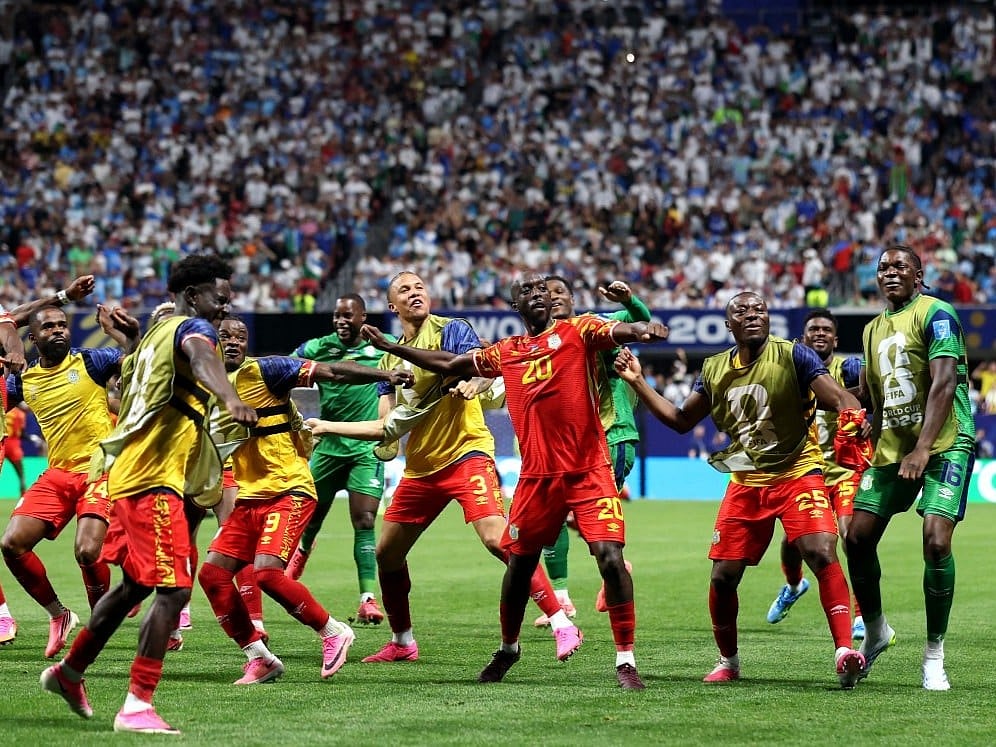 Yoane Wissa #20 of Congo DR celebrates with teammates after scoring the team's third goal during the FIFA World Cup 2026 Group K match against Uzbekistan at Atlanta Stadium on June 27, 2026 in Atlanta, Georgia.