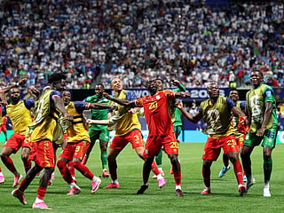 Yoane Wissa #20 of Congo DR celebrates with teammates after scoring the team's third goal during the FIFA World Cup 2026 Group K match against Uzbekistan at Atlanta Stadium on June 27, 2026 in Atlanta, Georgia.