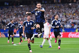 Lionel Messi #10 of Argentina celebrates scoring his team's third goal during the FIFA World Cup 2026 Group J match between Jordan and Argentina at Dallas Stadium on June 27, 2026 in Arlington, Texas.