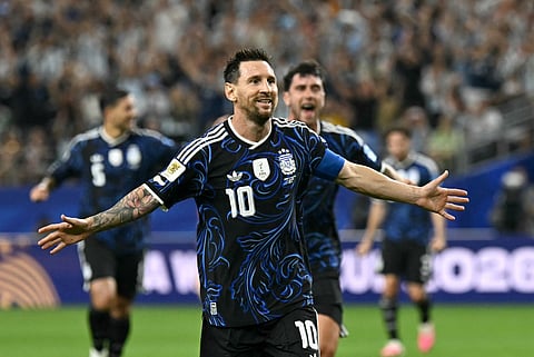 Argentina's forward #10 Lionel Messi celebrates scoring his team's third goal during the 2026 World Cup Group J football match between Jordan and Argentina at the Dallas Stadium in Arlington on June 27, 2026.