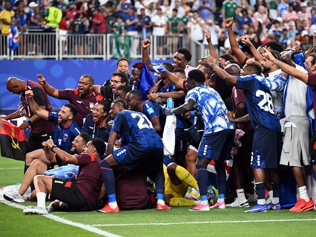 Cape Verde players and staff celebrate after the 2026 World Cup Group H football match against Saudi Arabia at the Houston Stadium in Houston on June 26, 2026.