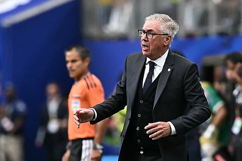 Brazil's Italian head coach Carlo Ancelotti reacts during the 2026 World Cup round of 32 football match between Brazil and Japan at the Houston Stadium in Houston on June 29, 2026.