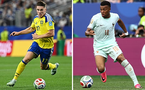 This combination of file photos created on June 29, 2026, Sweden's forward #17 Viktor Gyokeres in Arlington on June 25, 2026 (L); and France's forward #10 Kylian Mbappe in Foxborough on June 26, 2026.
