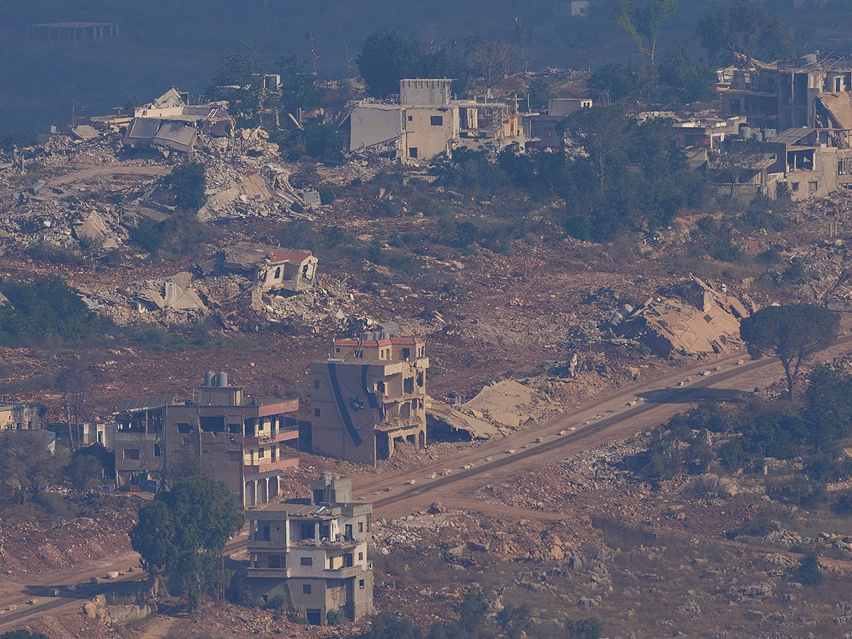 An Israeli flag, centre, on a destroyed building in southern Lebanon is seen from northern Israel, on Sunday, June 28, 2026.