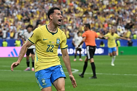 Brazil's forward #22 Gabriel Martinelli celebrates after scoring his team's second goal during the 2026 World Cup round of 32 football match between Brazil and Japan at the Houston Stadium in Houston on June 29, 2026.