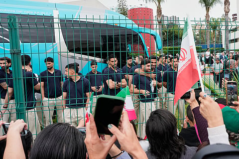 Fans greet members of the Iran World Cup soccer team as they leave their hotel for the airport Tuesday, June 30, 2026, in Tijuana, Mexico. 