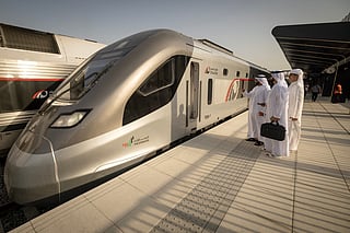 Etihad Rail train, the UAE's first passenger train, on its inaugural journey at Mohamed bin Zayed City station in Abu Dhabi on June 30, 2026.