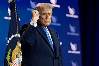 President Donald Trump addresses the crowd as he departs after speaking at the Faith & Freedom Coalition's policy conference at the Washington Hilton, Friday, June 26, 2026, in Washington.  