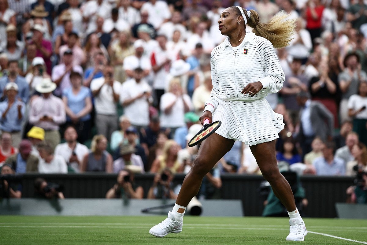 US player Serena Williams warms up prior to playing Australia's Maya Joint during their women's singles first round tennis match on the second day of the 2026 Wimbledon Championships at The All England Lawn Tennis and Croquet Club in Wimbledon, southwest London, on June 30, 2026.