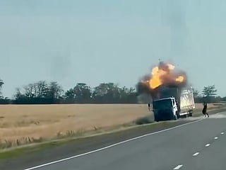 A screengrab taken from a reported footage of a Ukrainian Hornet mid-range attack drone slamming into a Russian transport truck on a supply line deep behind the war front. Kyiv has stepped up its long-range drone strike campaign against Russia in recent months.
