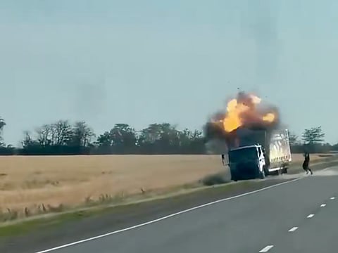 A screengrab taken from a reported footage of a Ukrainian Hornet mid-range attack drone slamming into a Russian transport truck on a supply line deep behind the war front. Kyiv has stepped up its long-range drone strike campaign against Russia in recent months.

