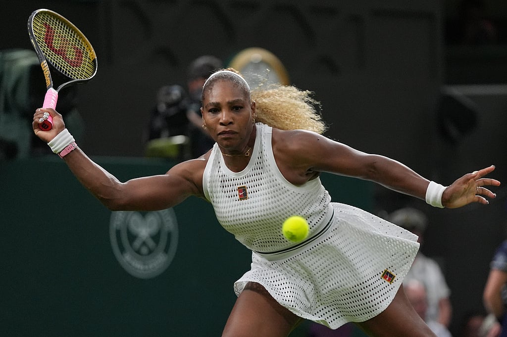 Serena Williams of the United States returns the ball to Maya Joint of Australia in their first round women's singles match at the Wimbledon Tennis Championships in London, Tuesday, June 30, 2026. (AP Photo/Maja Smiejkowska)