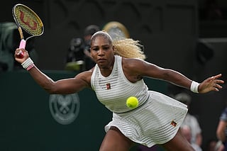 Serena Williams of the United States returns the ball to Maya Joint of Australia in their first round women's singles match at the Wimbledon Tennis Championships in London, Tuesday, June 30, 2026. (AP Photo/Maja Smiejkowska)