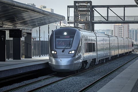 A photograph shows an Etihad Rail train, the UAE's first passenger train, on its inaugural journey at Mohamed bin Zayed City station in Abu Dhabi on June 30, 2026. (Picture used for illustrative purposes).