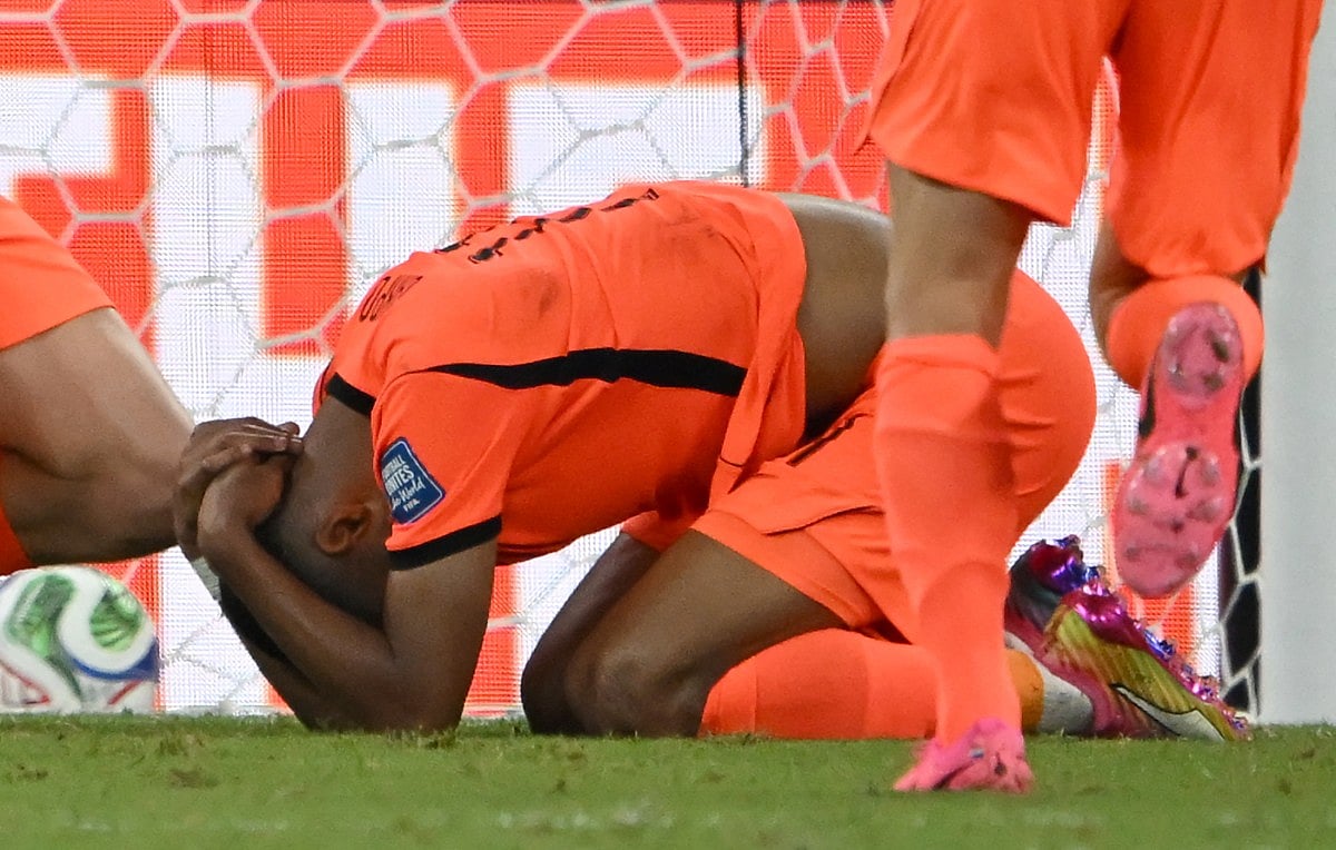 Netherlands' forward #11 Cody Gakpo celebrates scoring his team's first goal during the 2026 World Cup round of 32 football match between the Netherlands and Morocco at the Monterrey Stadium in Guadalupe on June 29, 2026.