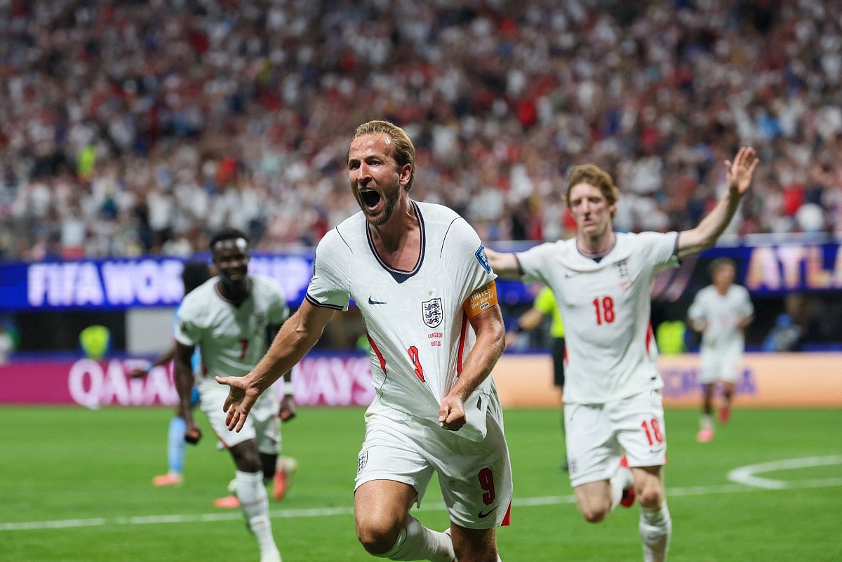 England's forward #09 Harry Kane celebrates scoring his team's second goal during the 2026 World Cup round of 32 match football between England and the Democratic Republic of Congo at the Atlanta Stadium in Atlanta on July 1, 2026.
