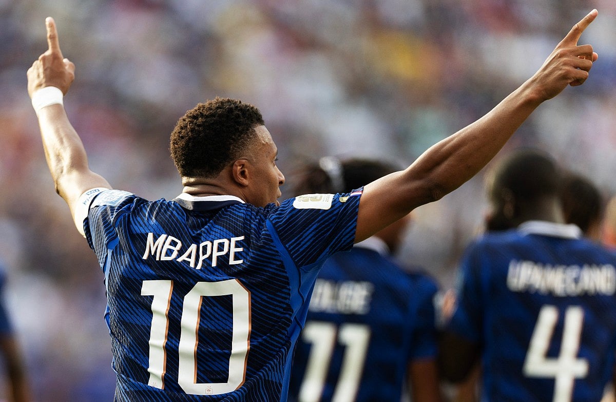 Kylian Mbappe #10 of France celebrates scoring his team's third goal during the FIFA World Cup 2026 Round Of 32 match between France and Sweden at New York New Jersey Stadium on June 30, 2026 in East Rutherford, New Jersey.